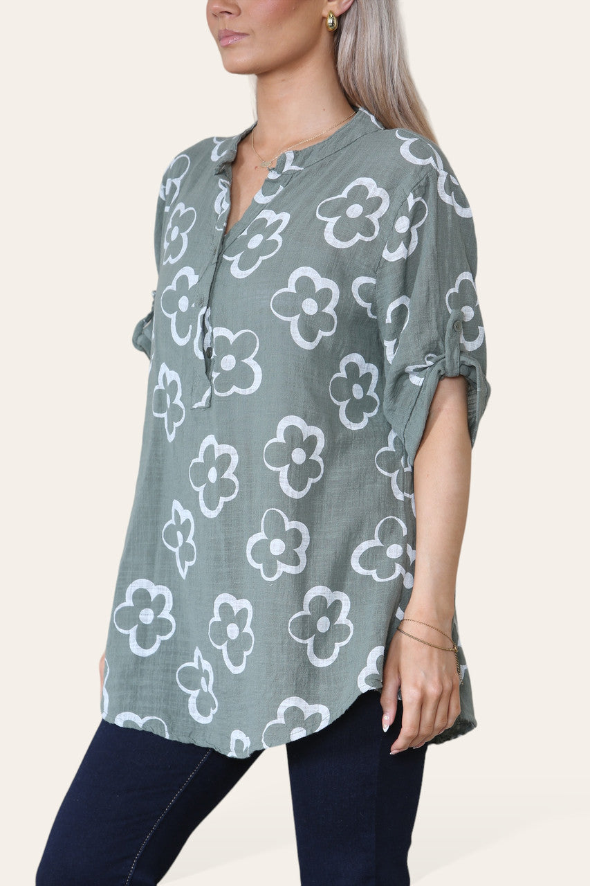 FLORAL STAMP PRINT GRANDAD COLLAR SHIRT TOP KHAKI