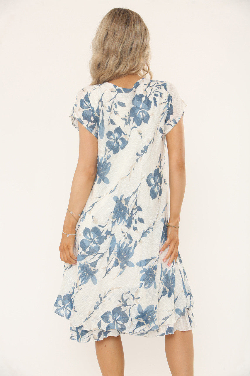 SCATTERED FLORAL PRINT A-LINE DRESS - DENIM BLUE