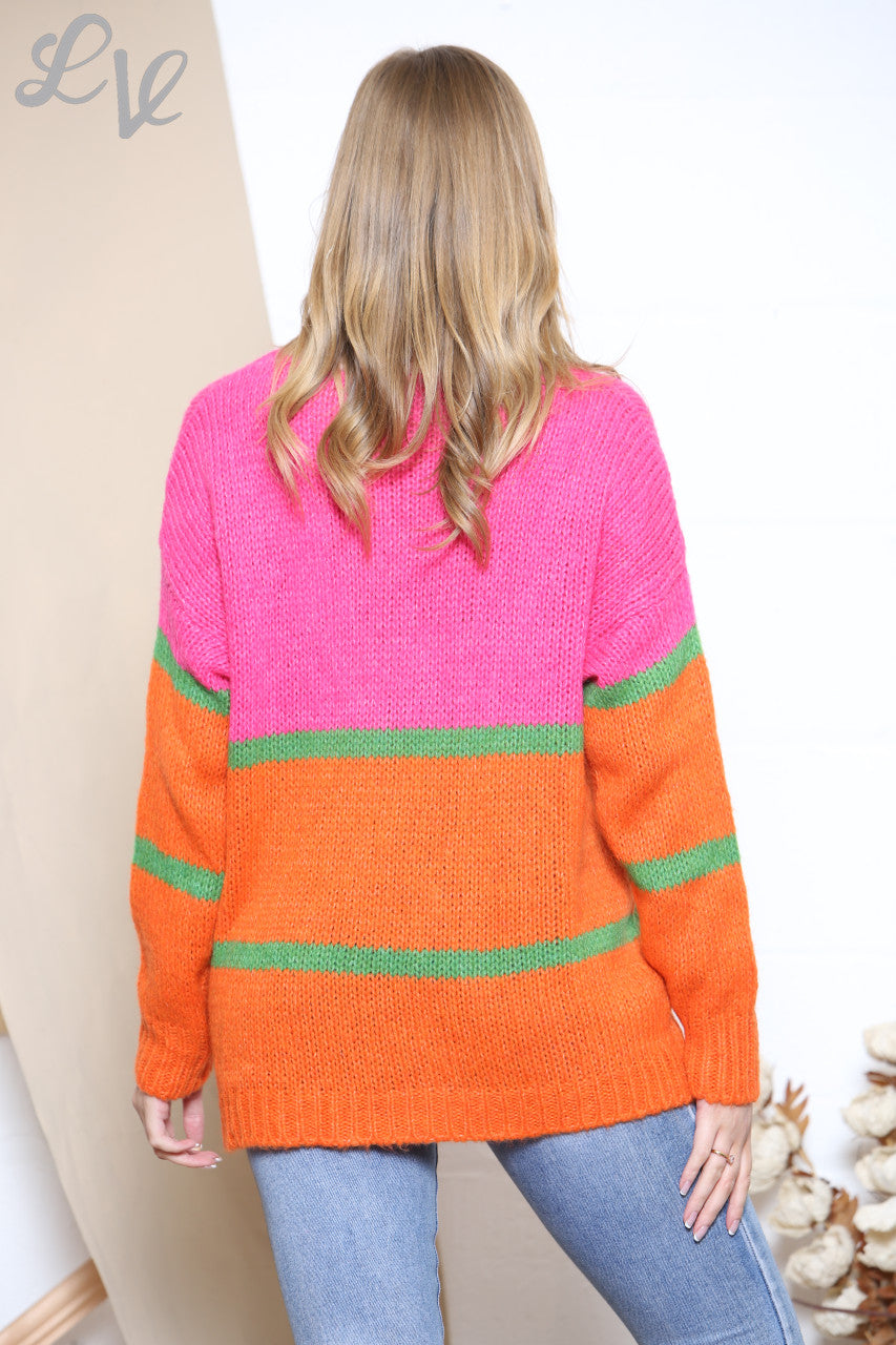 Ladies Knitted Colour Stripes Jumper Cerise