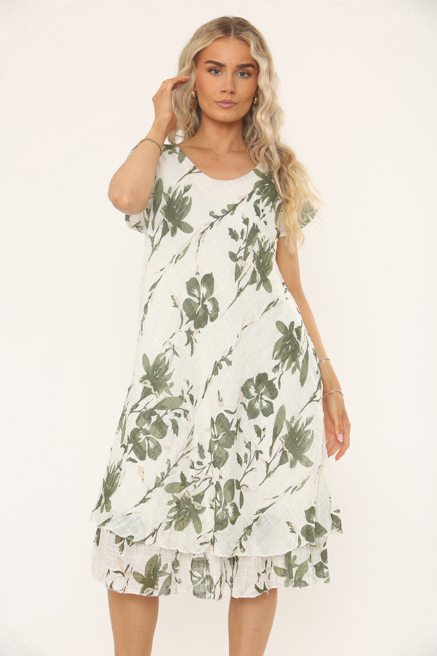 HAWAII BLOEMENPRINT A-LIJN JURK - KAKI