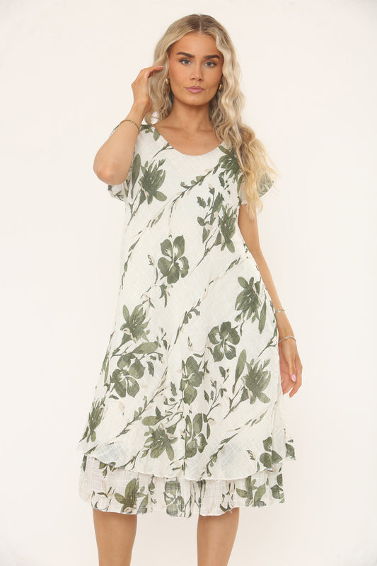 SCATTERED FLORAL PRINT A-LINE DRESS - KHAKI