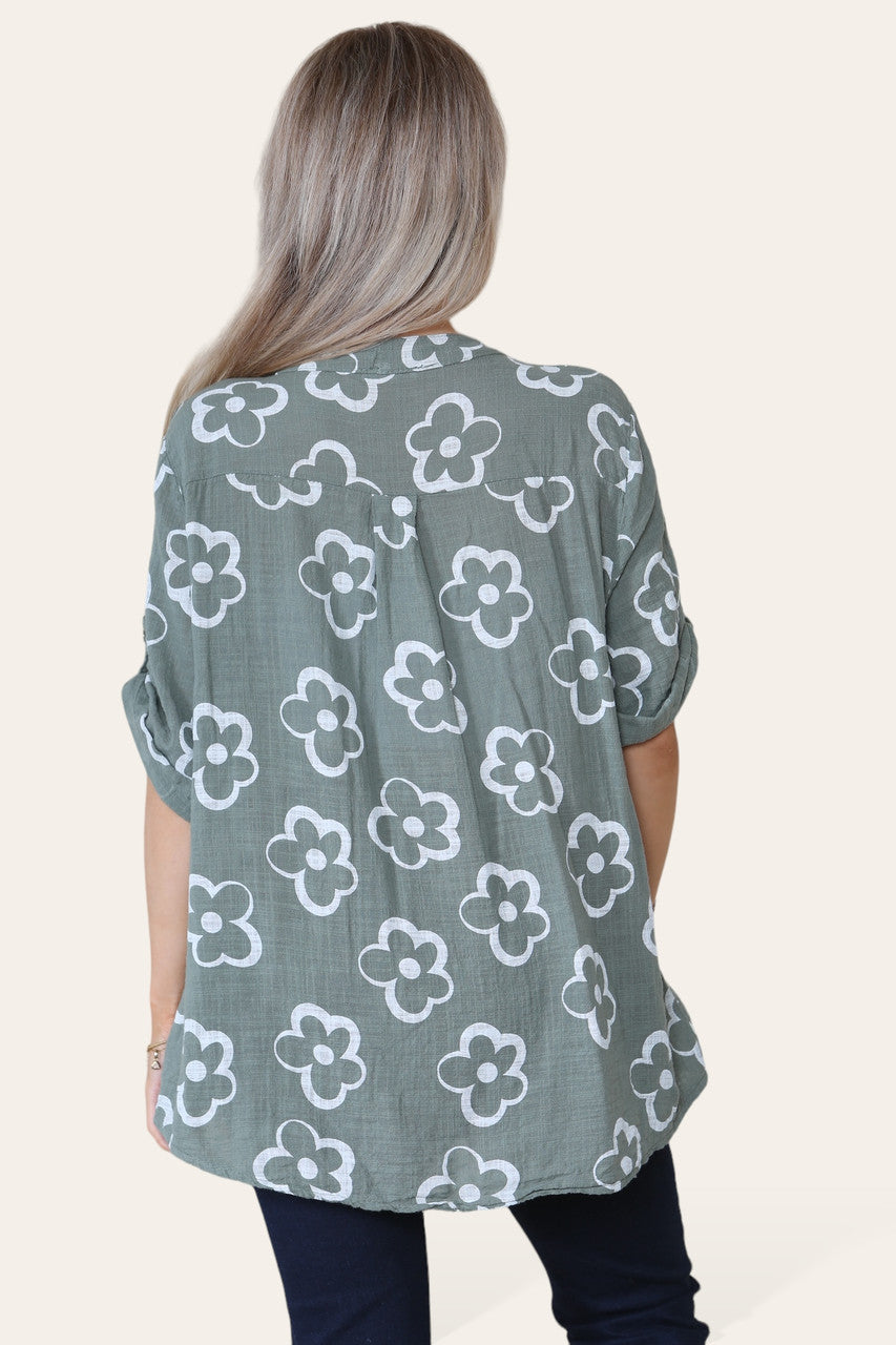 FLORAL STAMP PRINT GRANDAD COLLAR SHIRT TOP KHAKI