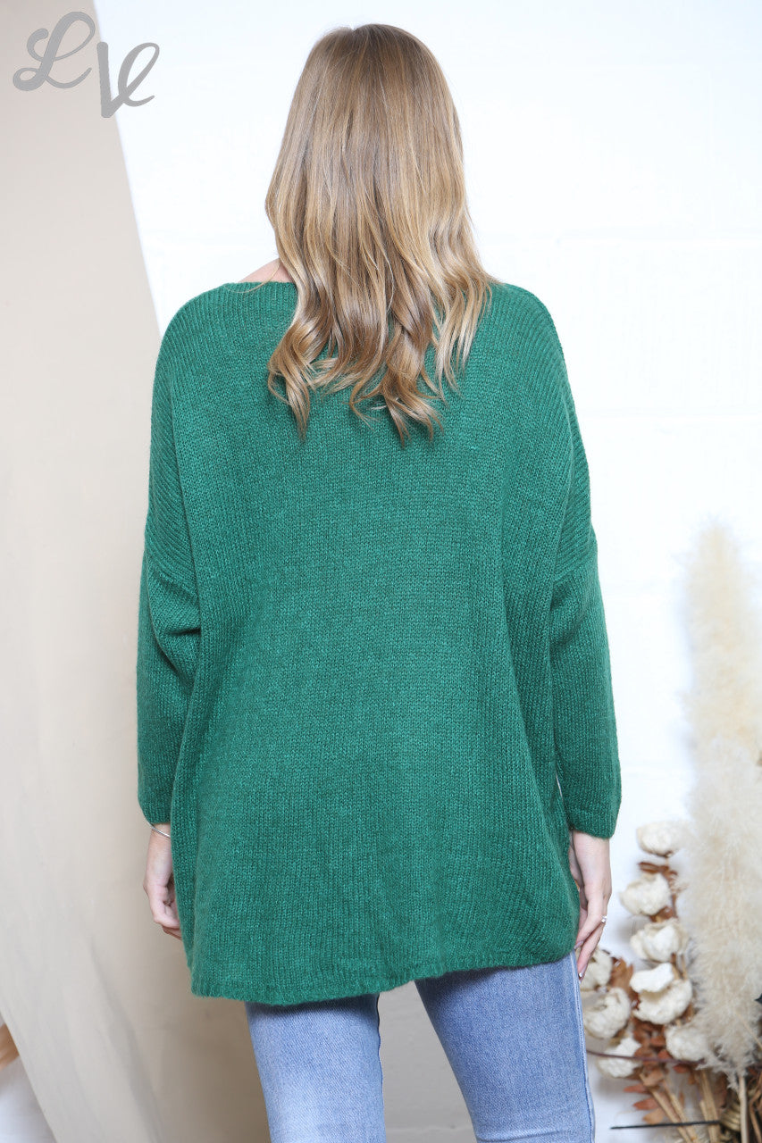 Ladies Slouched Knitted Flower Imprint Jumper Green