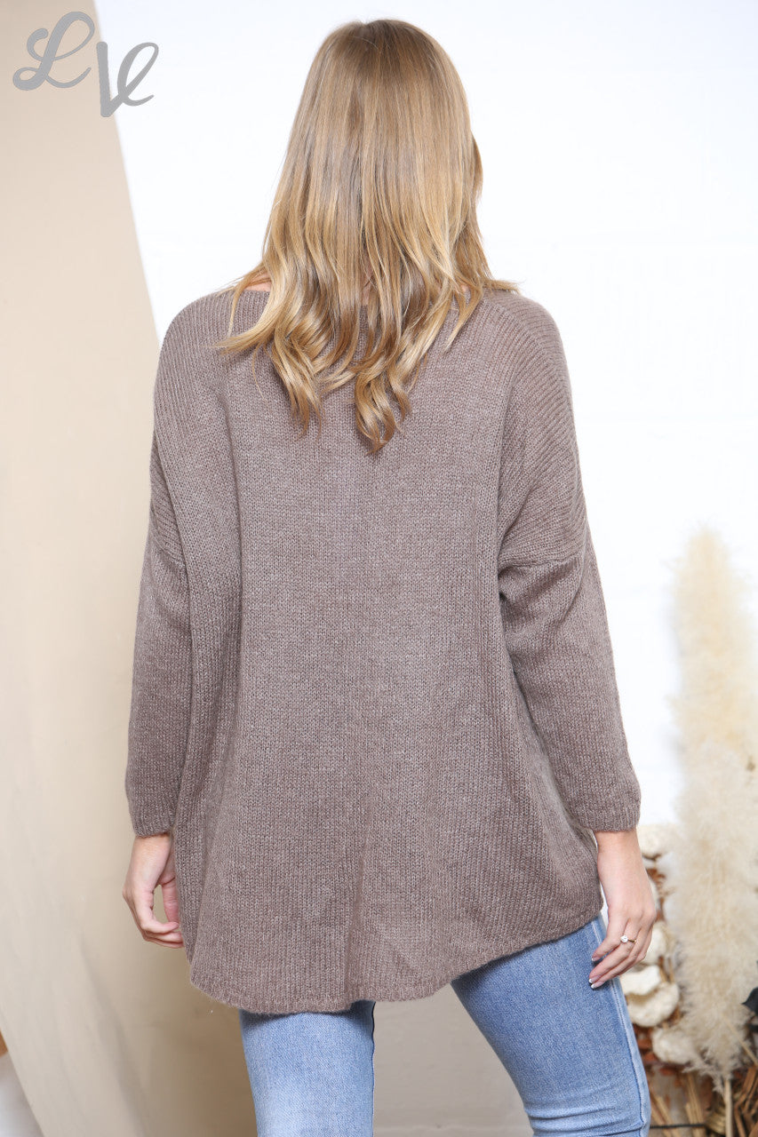 Ladies Slouched Knitted Flower Imprint Jumper Taupe