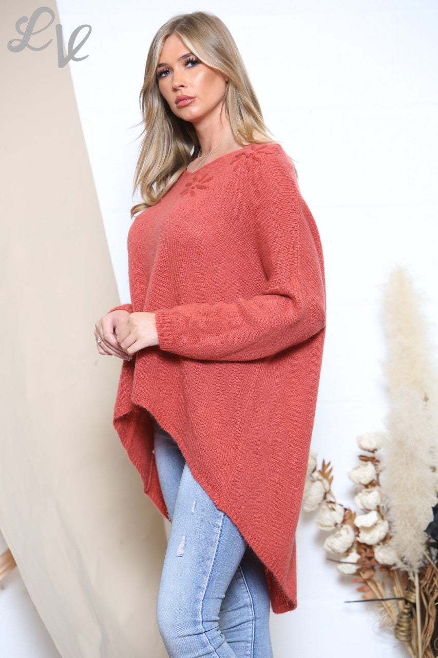 Ladies Slouched Knitted Flower Imprint Jumper Rust