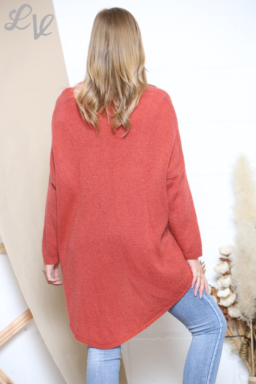 Ladies Slouched Knitted Flower Imprint Jumper Rust