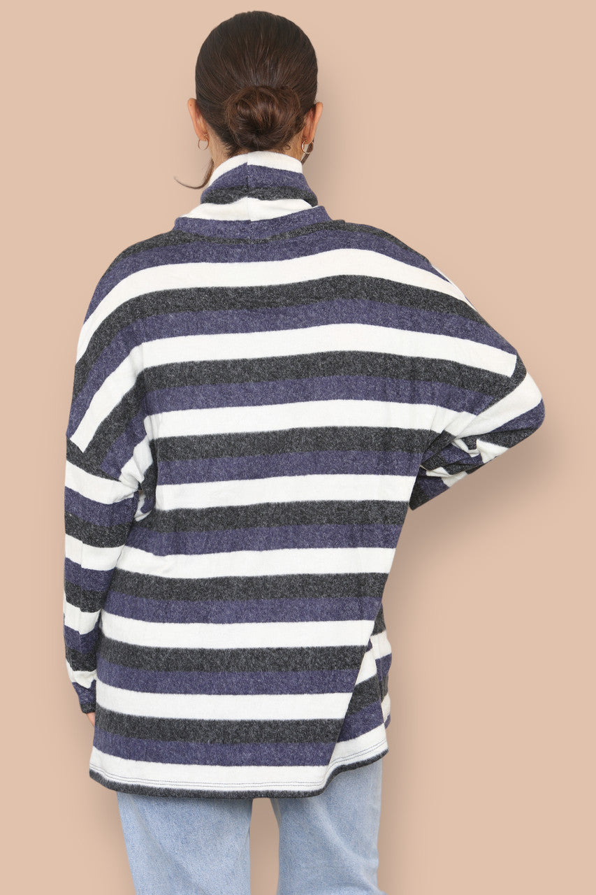 ROLL NECK FINE KNIT STRIPED JUMPER NAVY