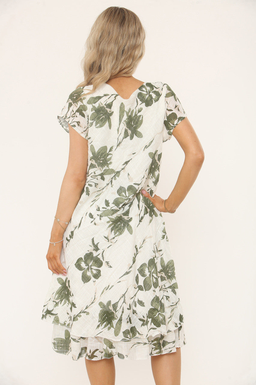 HAWAII BLOEMENPRINT A-LIJN JURK - KAKI