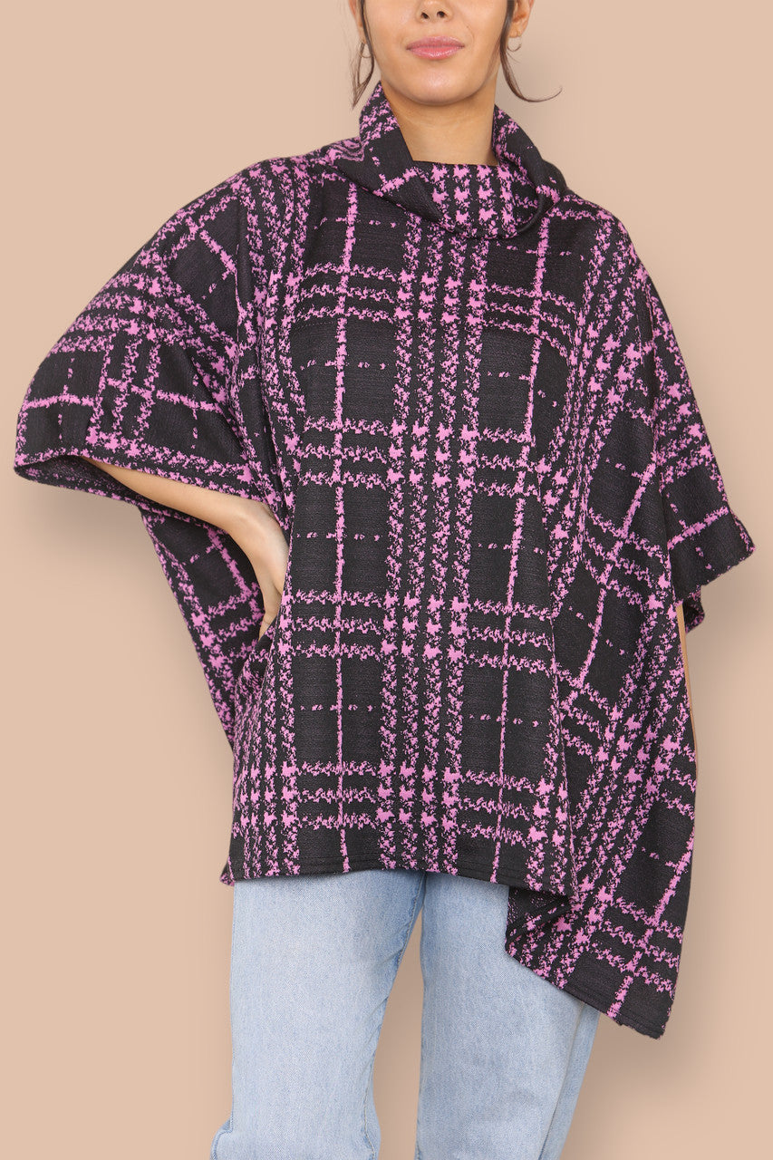 COWL NECK TARTAN PRINT BATWING JUMPER PINK