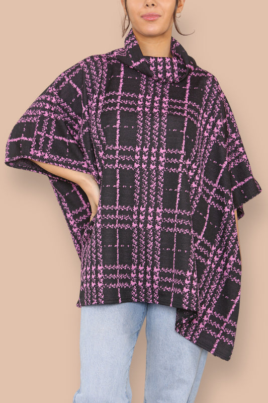 COWL NECK TARTAN PRINT BATWING JUMPER PINK