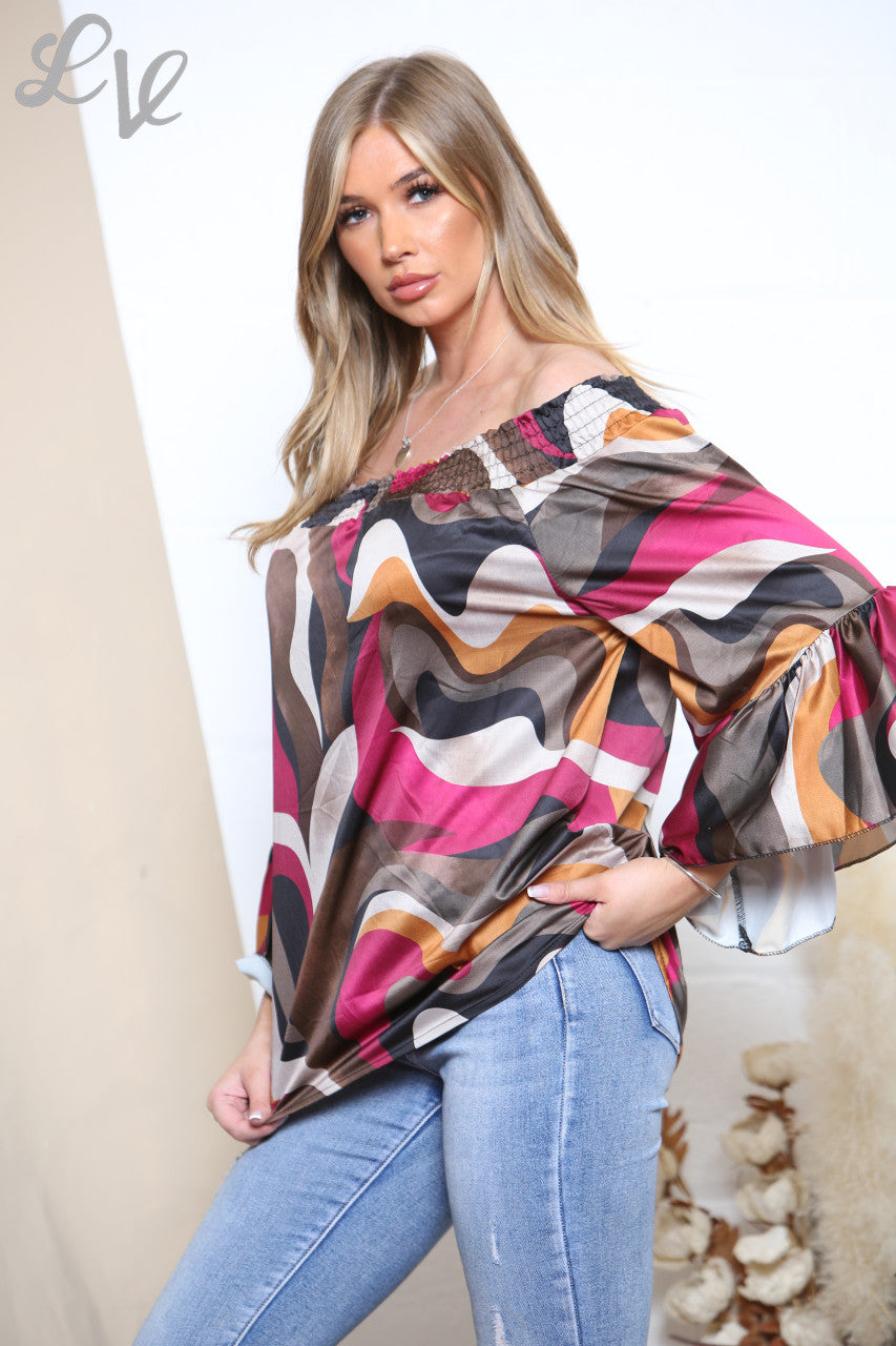 Ladies Elasticated Neckline Colour Swirls Print Blouse Top Brown