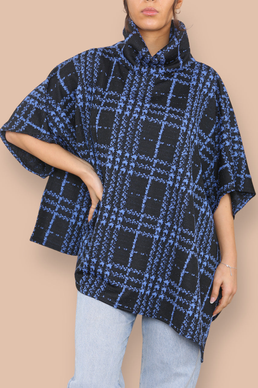 COWL NECK TARTAN PRINT BATWING JUMPER ROYAL BLUE