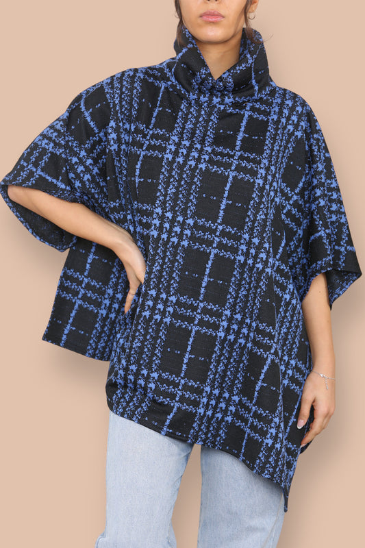 COWL NECK TARTAN PRINT BATWING JUMPER ROYAL BLUE