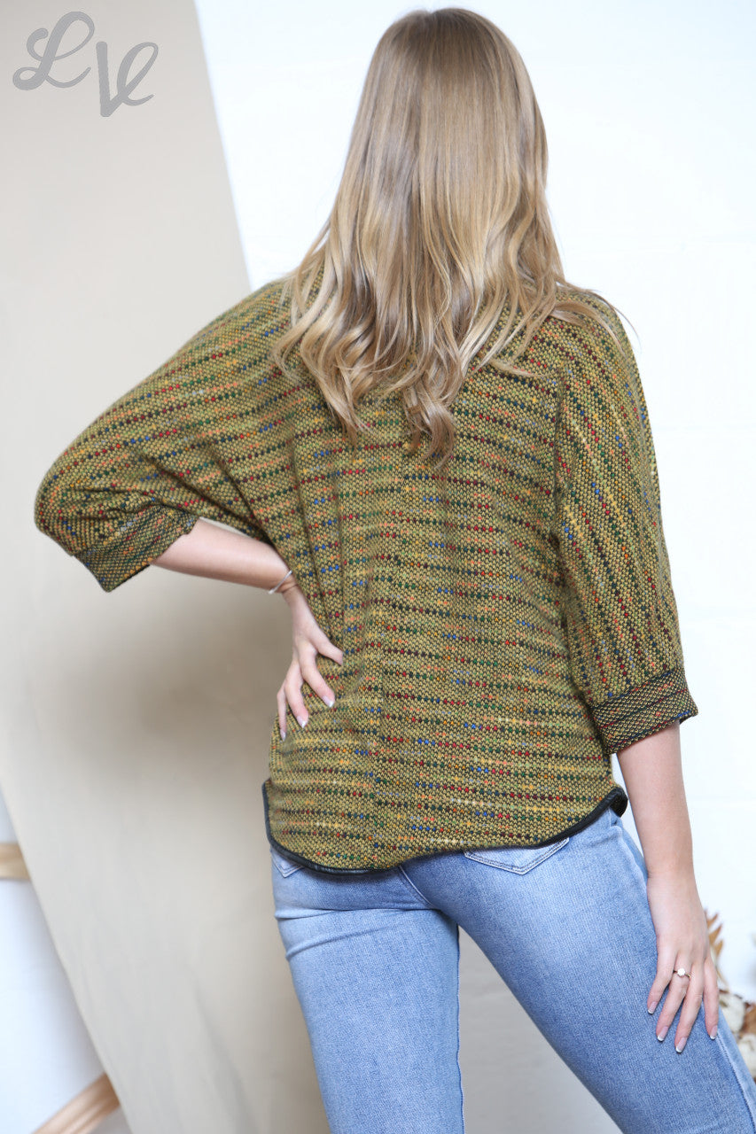 Dames veelkleurige trui met stippen, baksteenprint en col, mosterdgeel