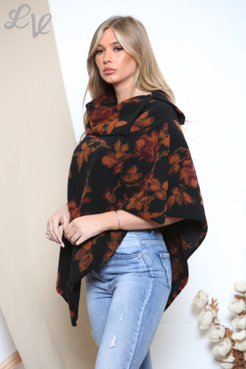 Ladies 3 Button Boiled Wool Blend Floral Asymmetric Poncho Black