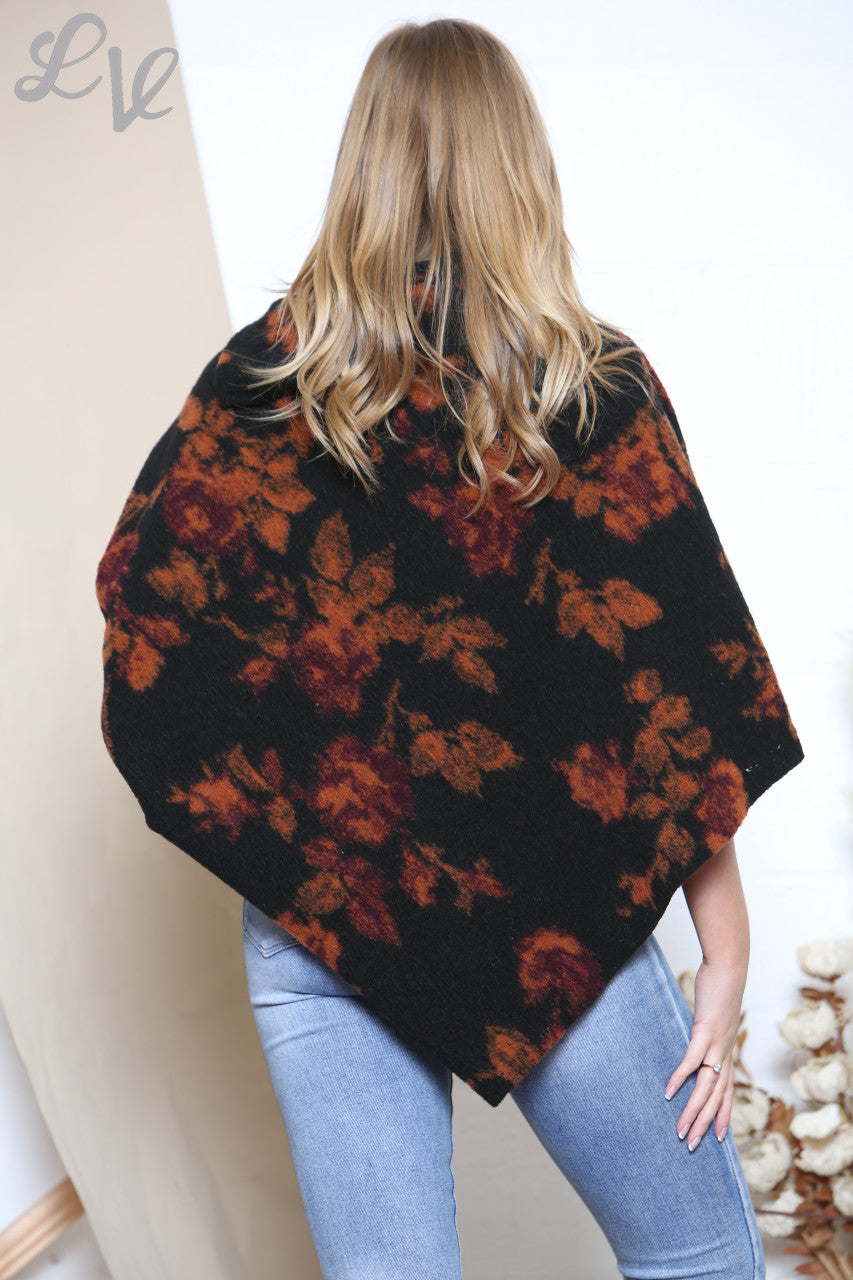 Ladies 3 Button Boiled Wool Blend Floral Asymmetric Poncho Black