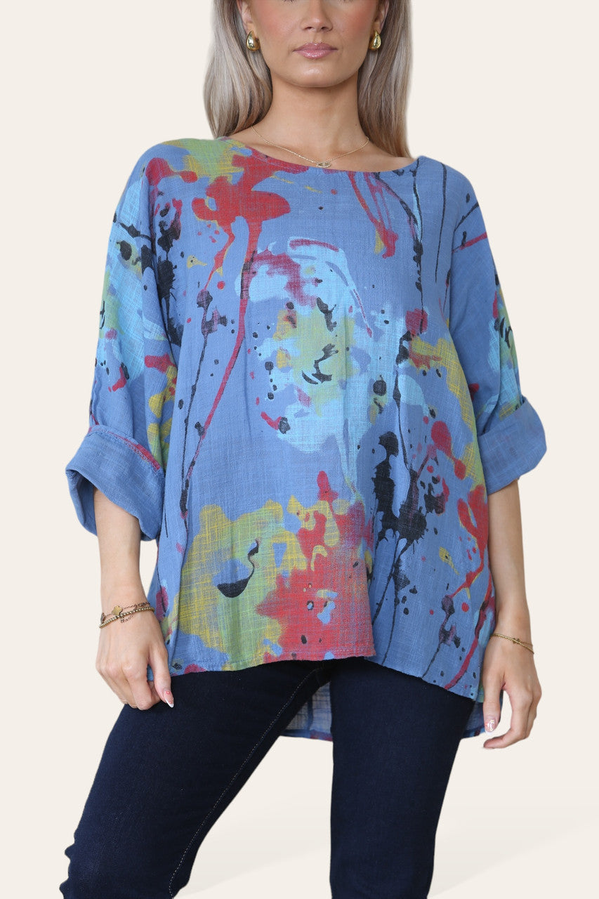 TOP MET DENIM VERFVLEKKENPRINT