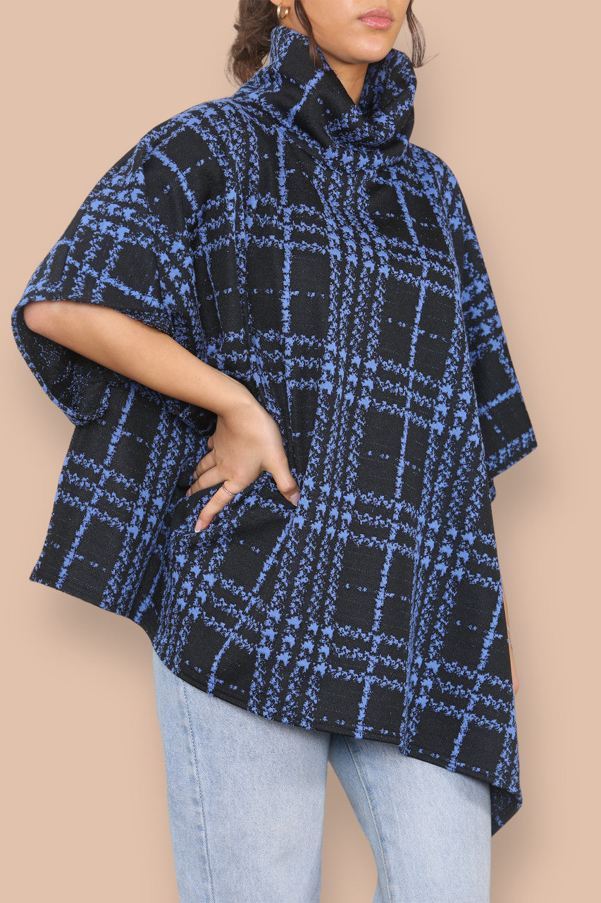COWL NECK TARTAN PRINT BATWING JUMPER ROYAL BLUE
