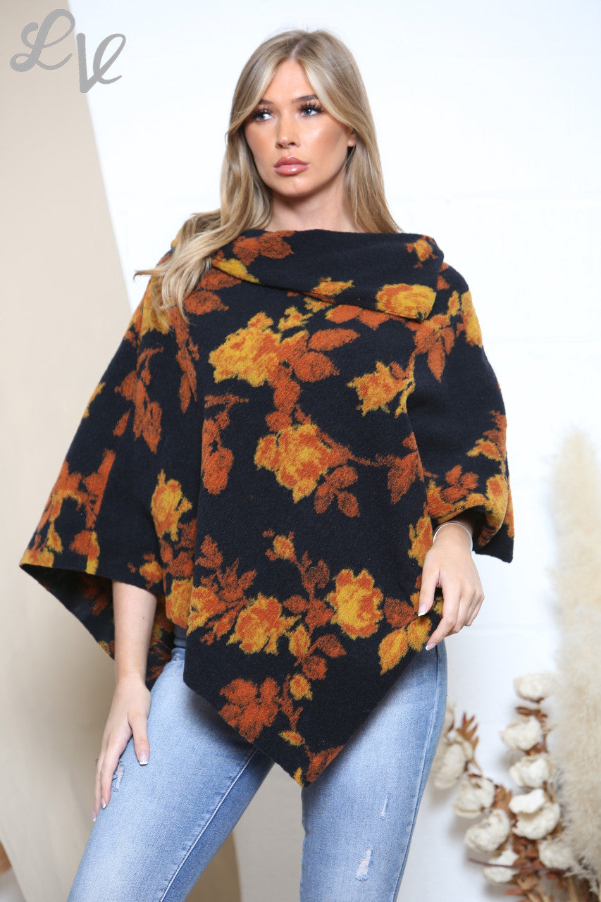 Ladies 3 Button Boiled Wool Blend Floral Asymmetric Poncho  Black