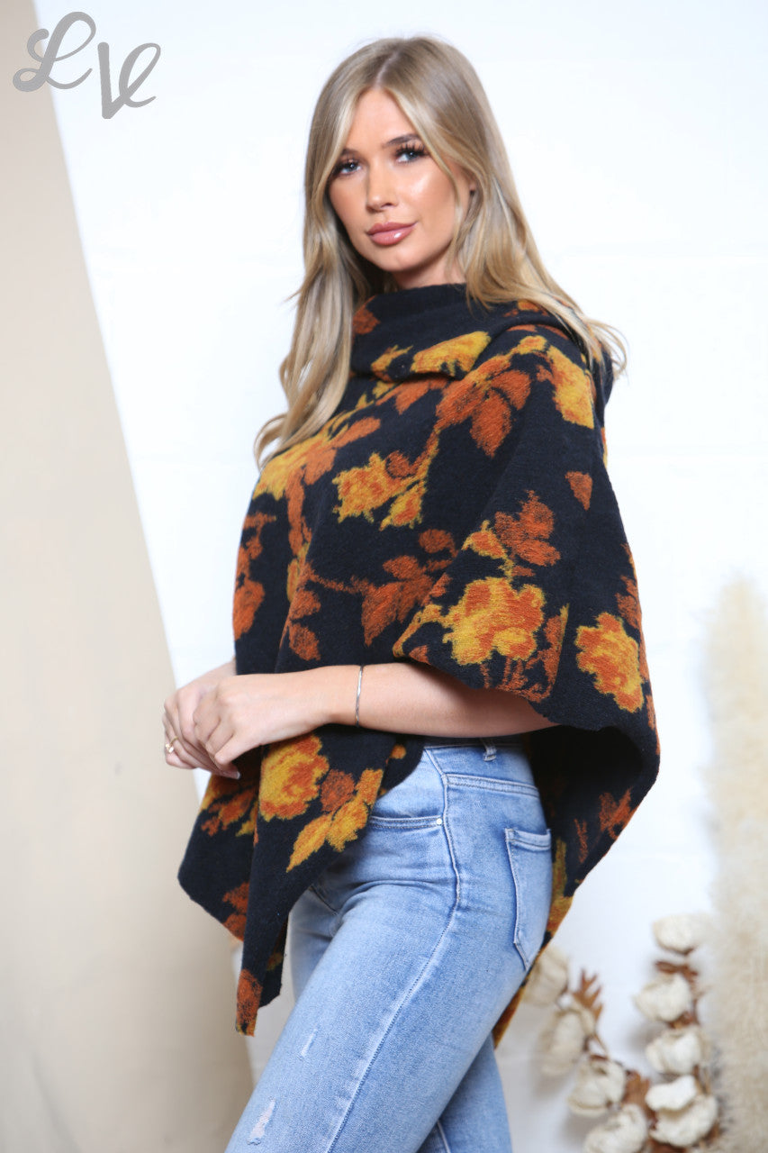 Ladies 3 Button Boiled Wool Blend Floral Asymmetric Poncho  Black