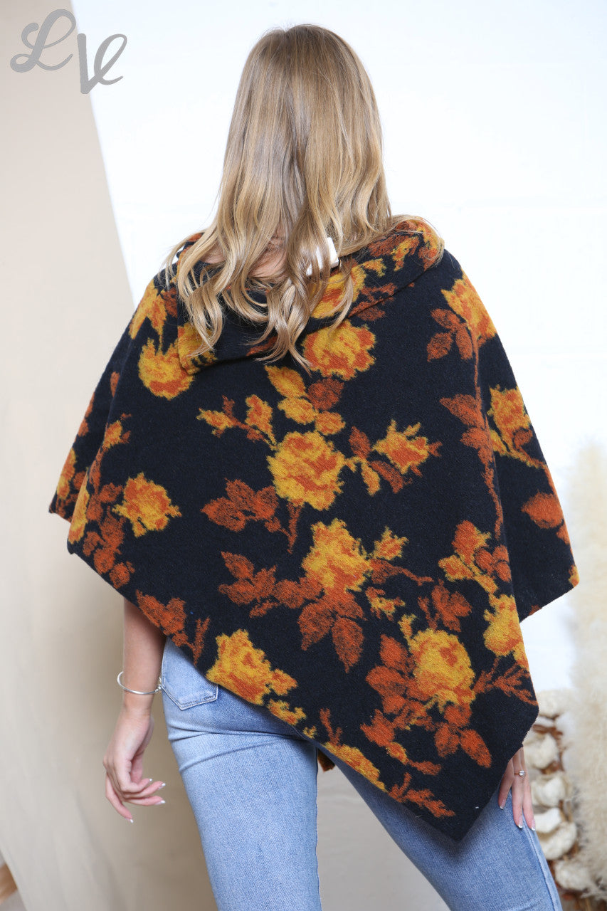 Ladies 3 Button Boiled Wool Blend Floral Asymmetric Poncho  Black