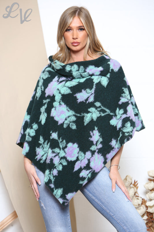 Dames 3-Knoop Gekookt Wolmix Bloemen Asymmetrische Poncho Groen