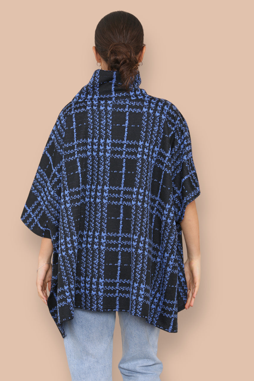 COWL NECK TARTAN PRINT BATWING JUMPER ROYAL BLUE