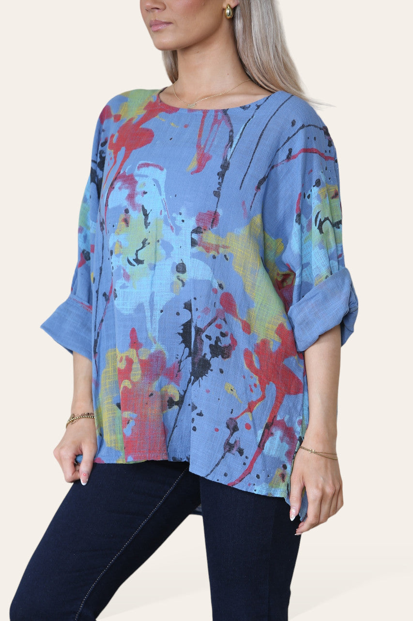 TOP MET DENIM VERFVLEKKENPRINT