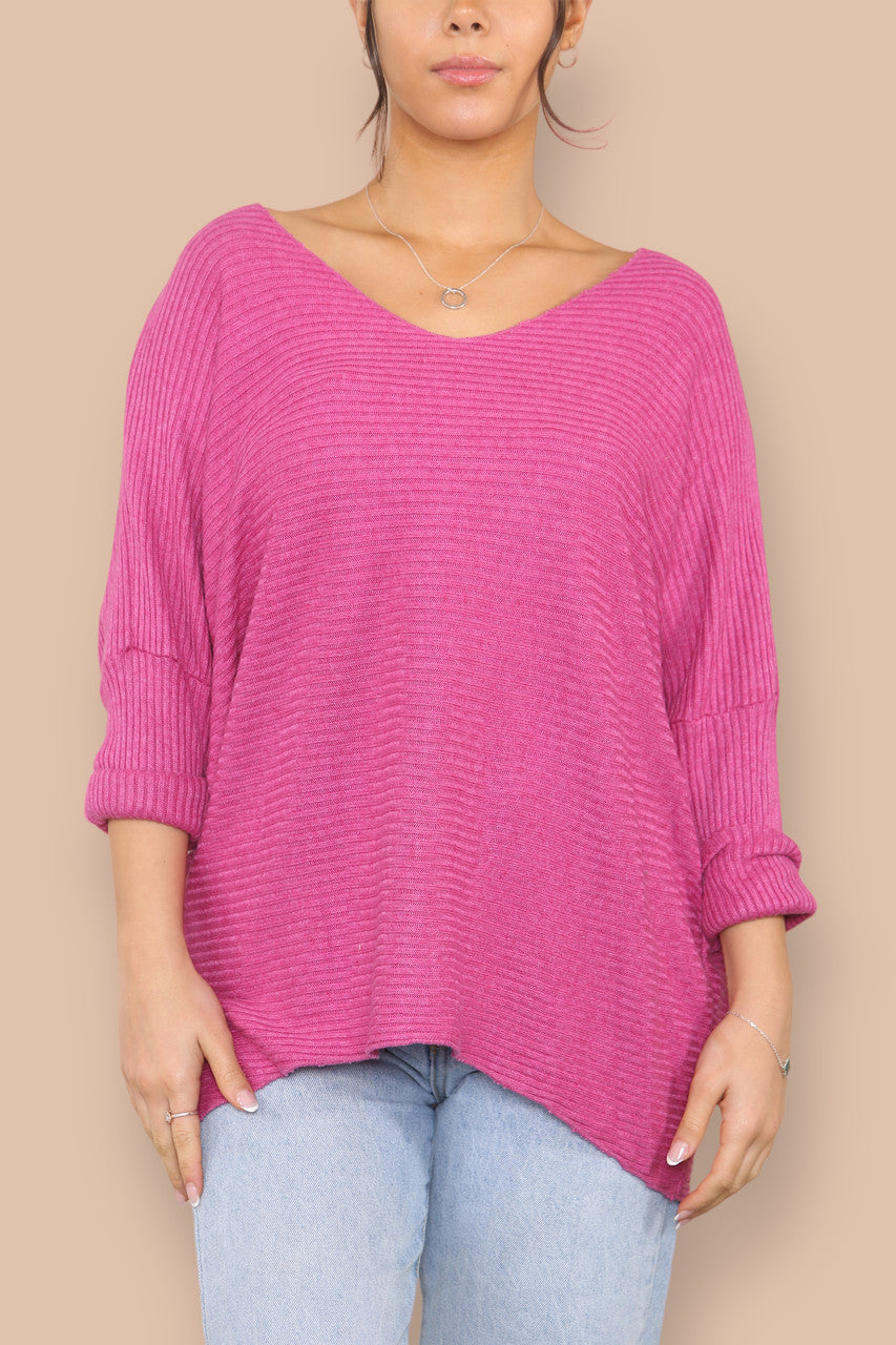 V-NECK RIBBED KNIT JUMPER CERISE