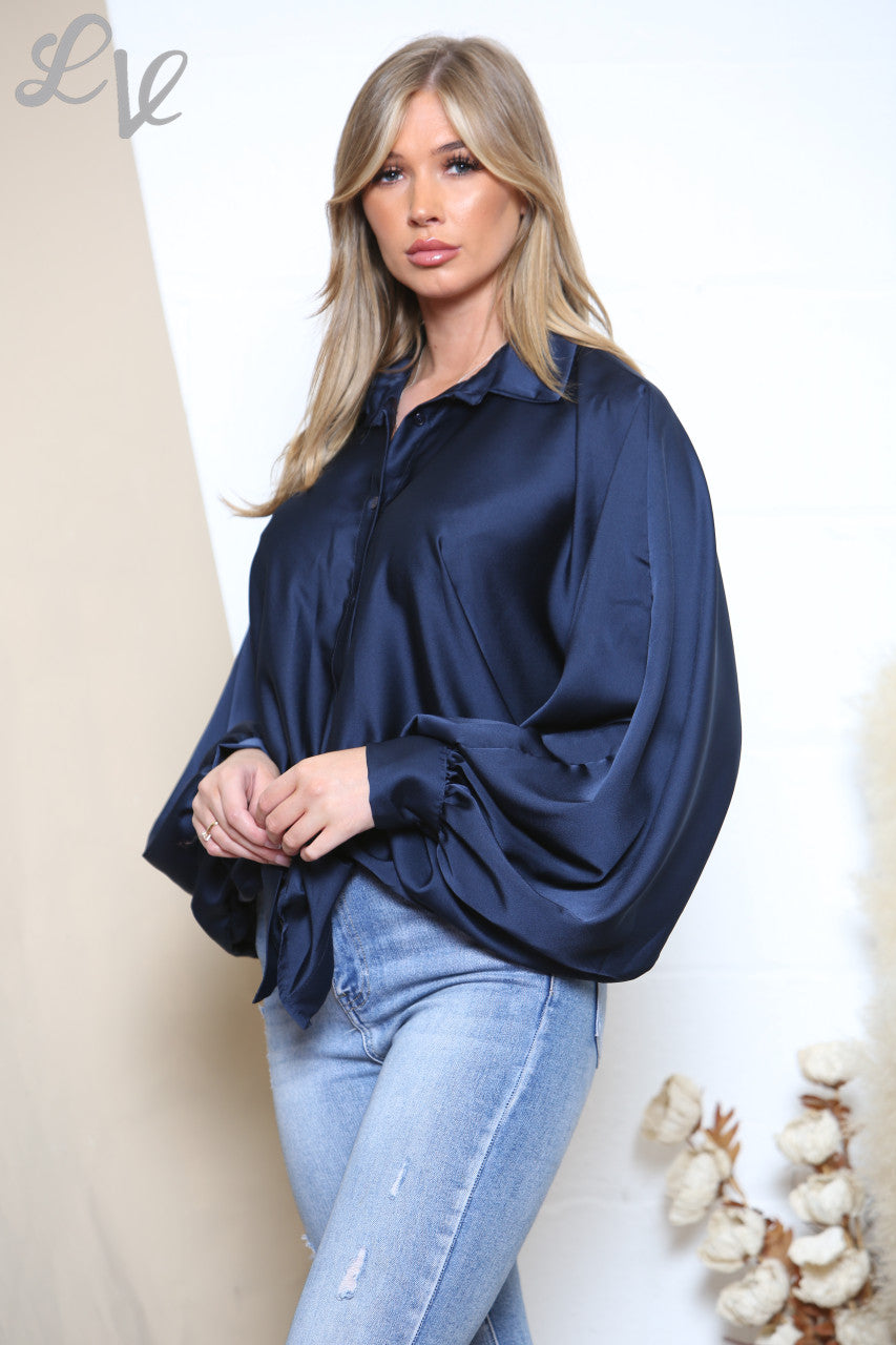 Ladies Tie Front Batwing Blouse Shirt Navy