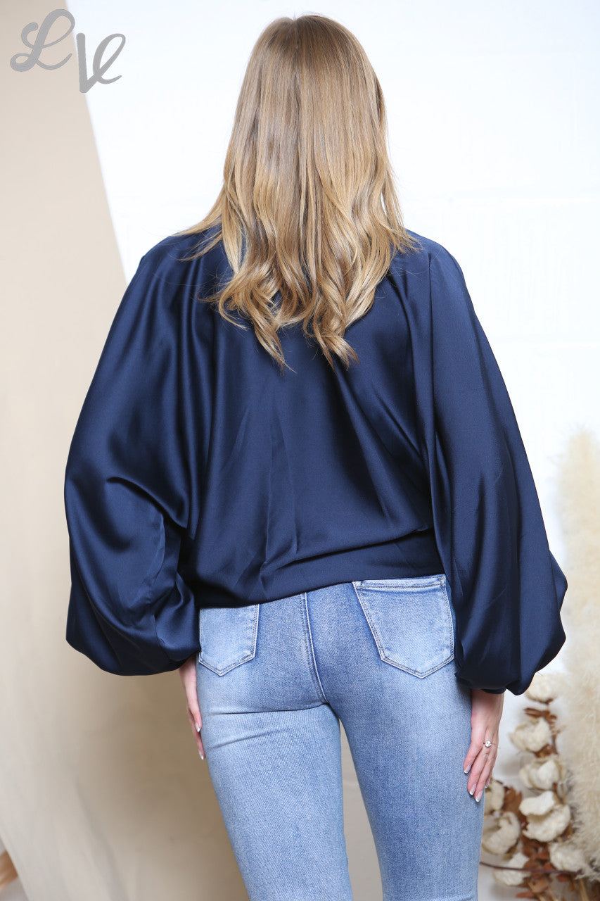 Ladies Tie Front Batwing Blouse Shirt Navy