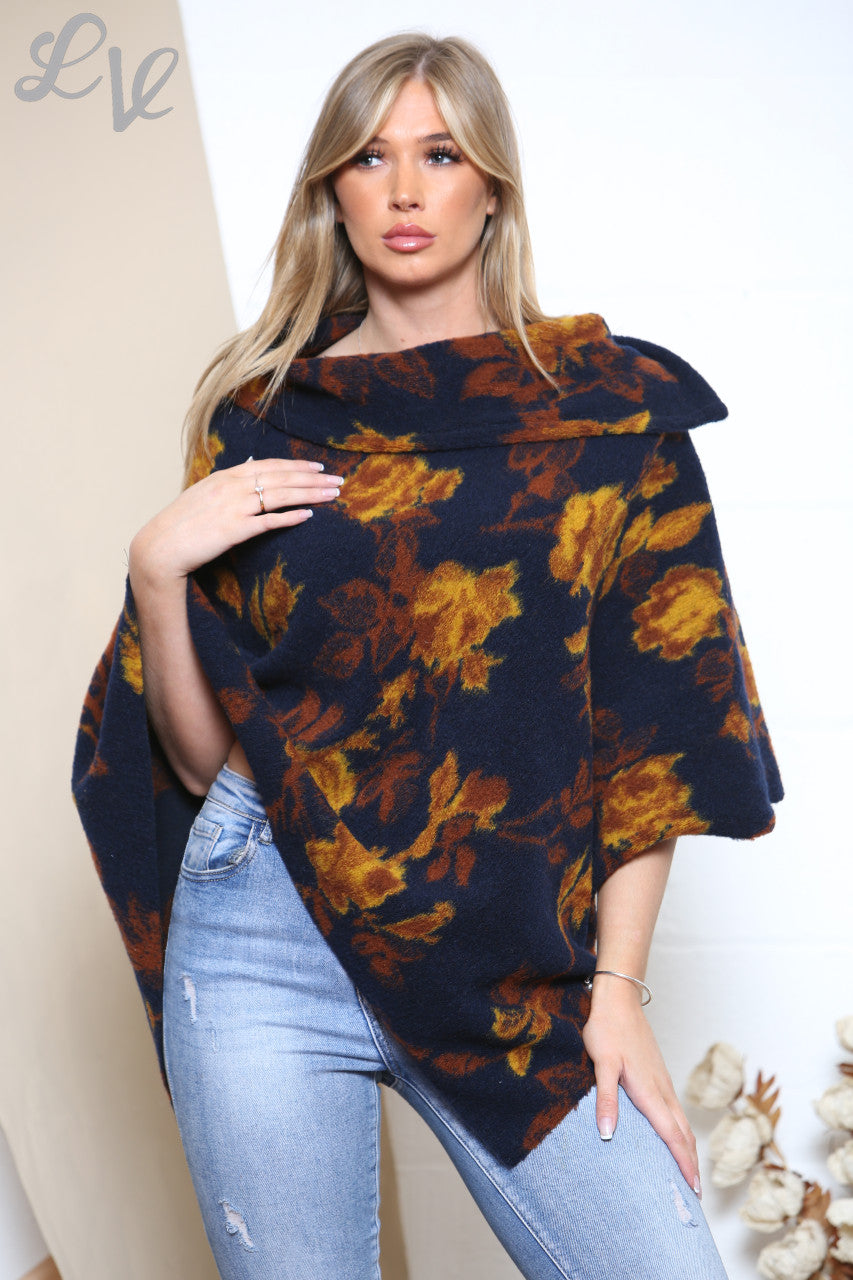Ladies 3 Button Boiled Wool Blend Floral Asymmetric Poncho Navy
