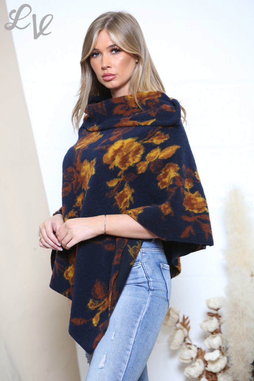 Ladies 3 Button Boiled Wool Blend Floral Asymmetric Poncho Navy