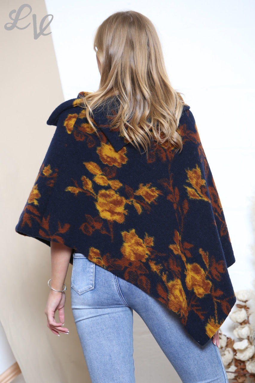 Ladies 3 Button Boiled Wool Blend Floral Asymmetric Poncho Navy