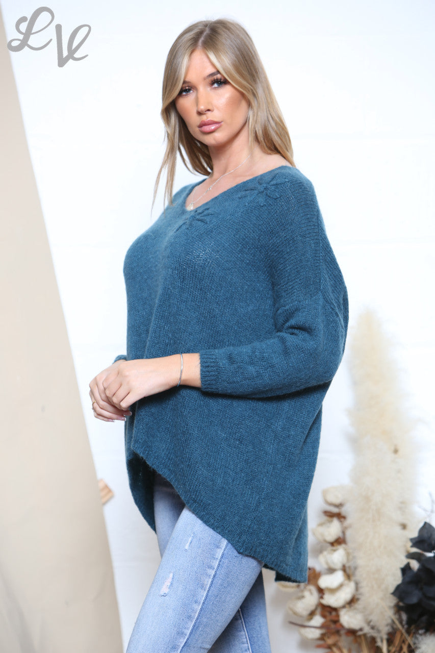 Ladies Slouched Knitted Flower Imprint Jumper Teal
