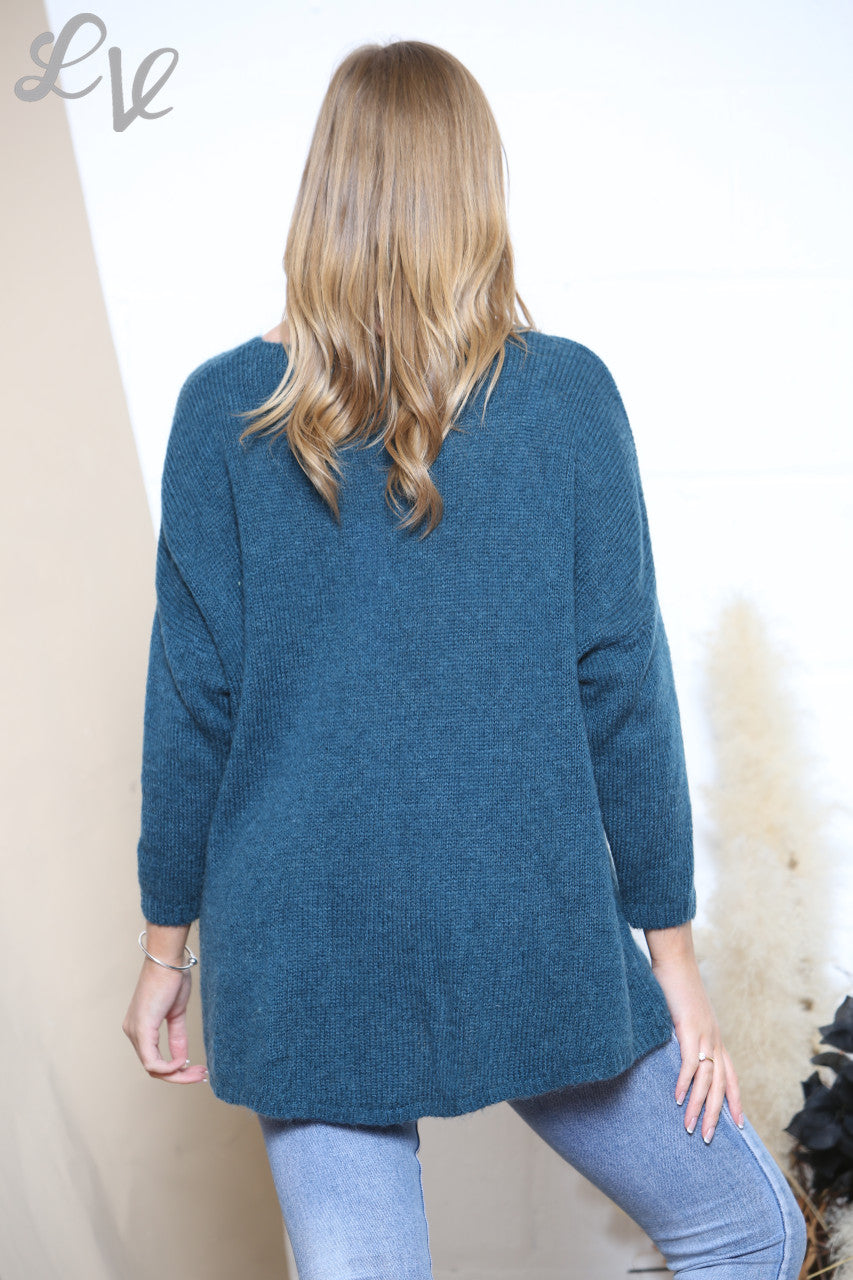 Ladies Slouched Knitted Flower Imprint Jumper Teal