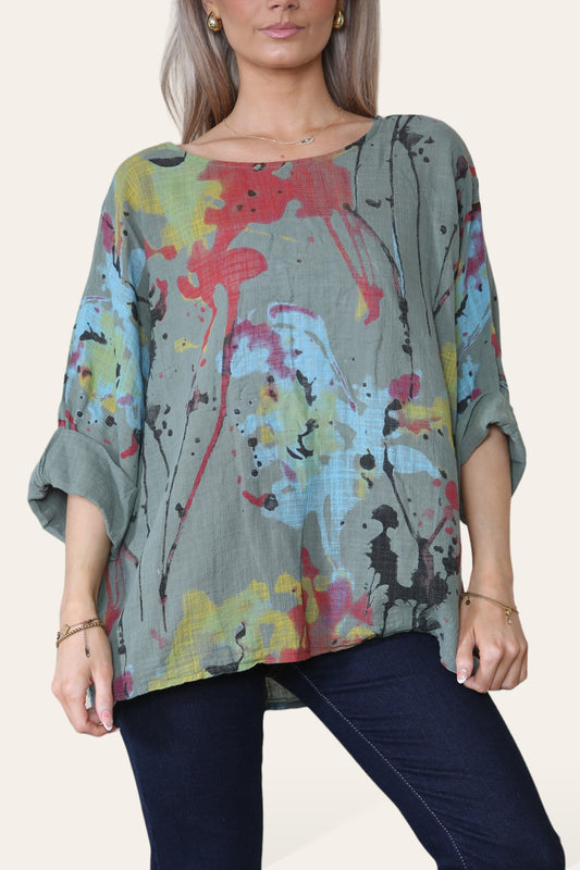 PAINT SPLASH PRINT TOP KHAKI