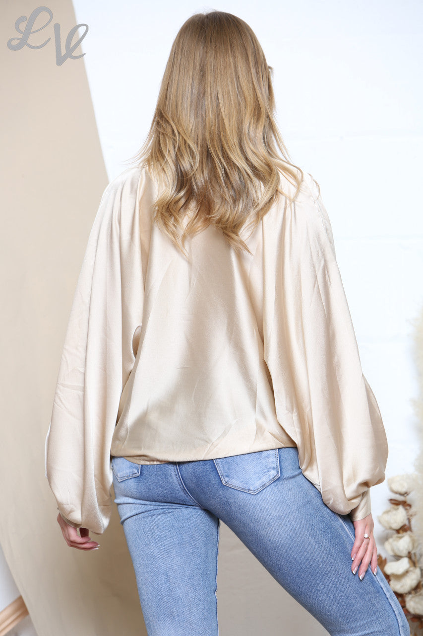Ladies Tie Front Batwing Blouse Shirt Stone