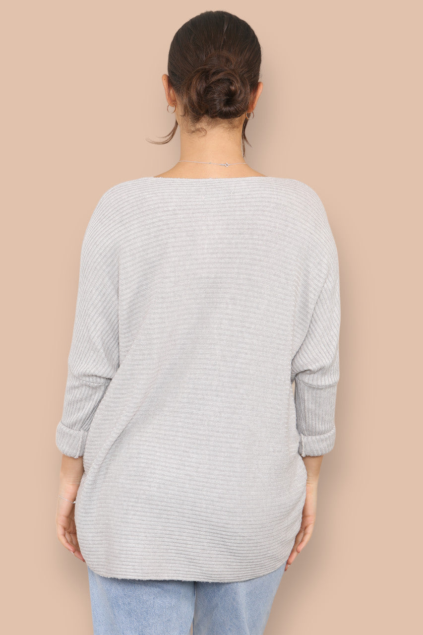V-NECK RIBBED KNIT JUMPER STONE