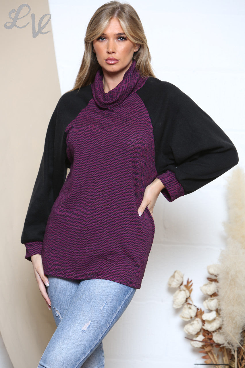 Ladies Cowl Neck Herringbone Print Jumper With Fleece Sleeves Purple