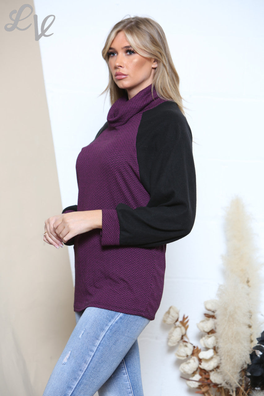 Ladies Cowl Neck Herringbone Print Jumper With Fleece Sleeves Purple