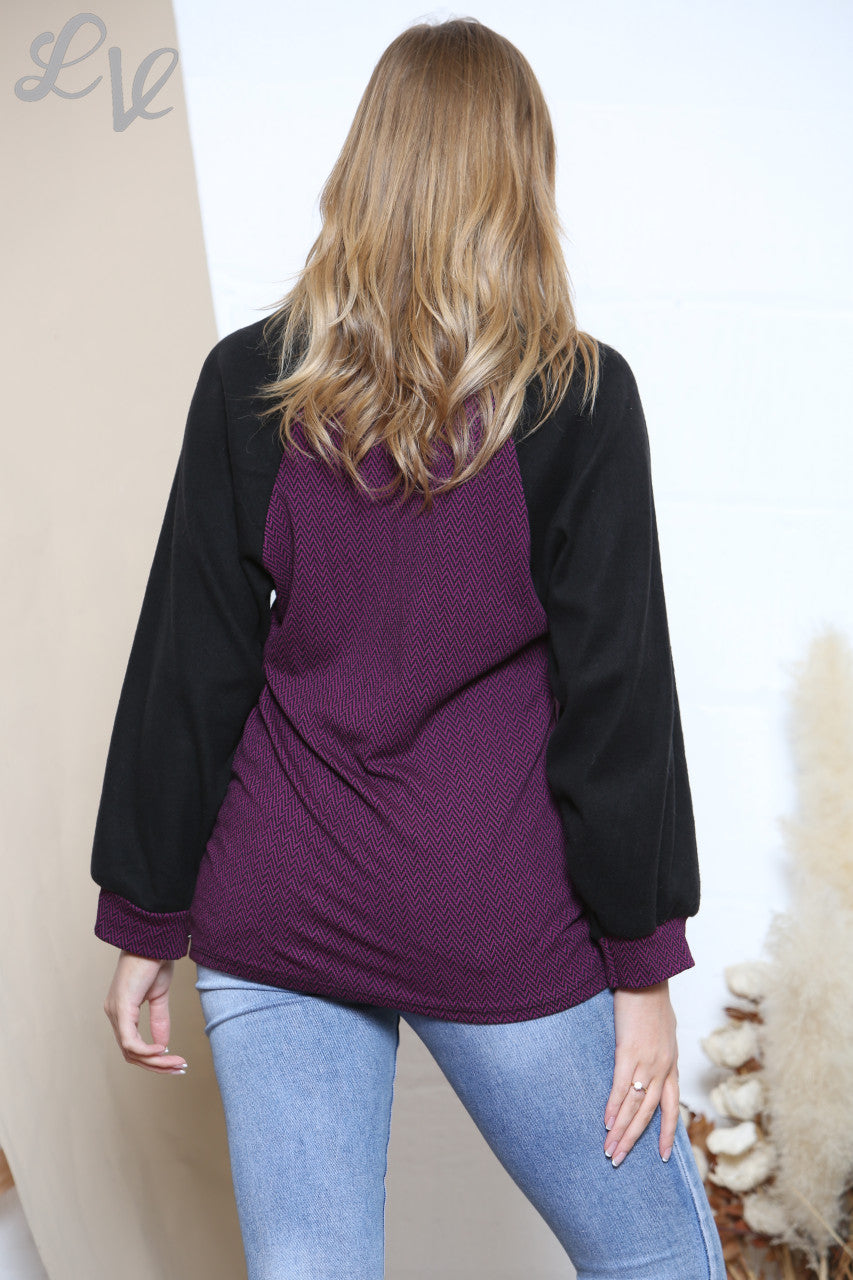 Ladies Cowl Neck Herringbone Print Jumper With Fleece Sleeves Purple