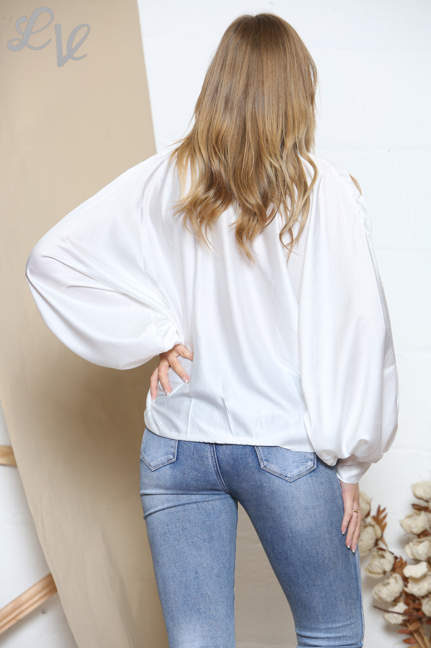 Ladies Tie Front Batwing Blouse Shirt White