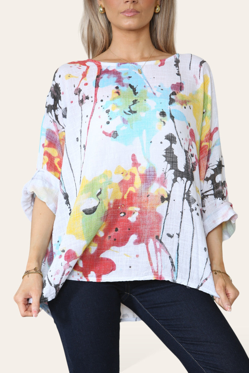 TOP MET VERFVLEKKENPRINT WIT