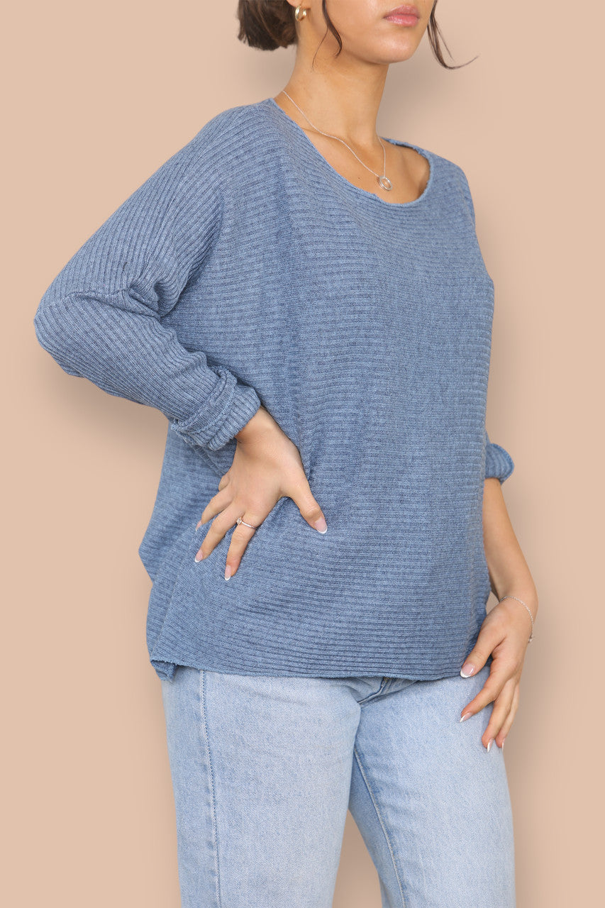 V-NECK RIBBED KNIT JUMPER DENIM