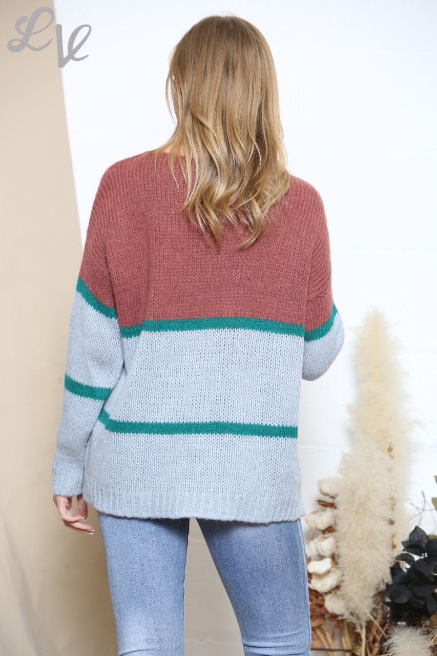 Ladies Knitted Colour Stripes Jumper Rust