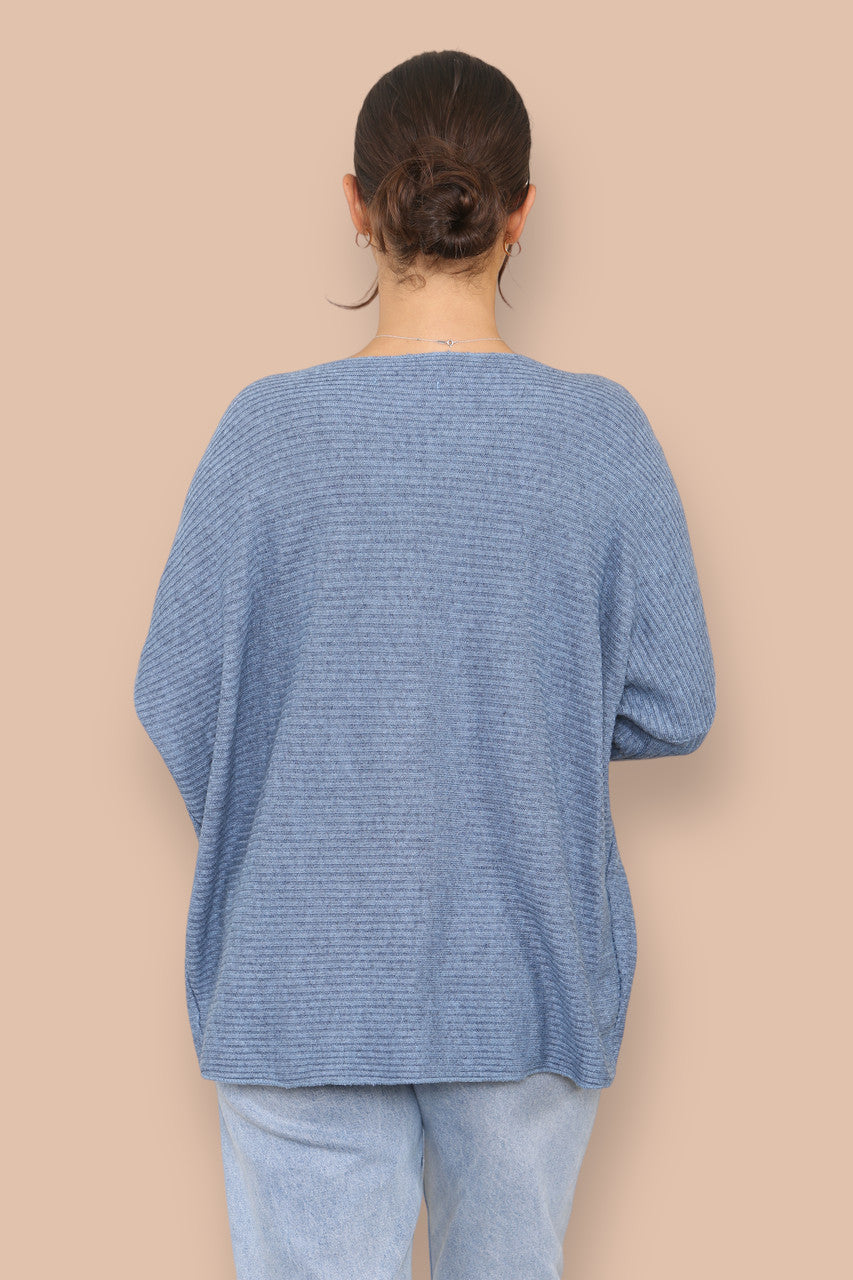 V-NECK RIBBED KNIT JUMPER DENIM