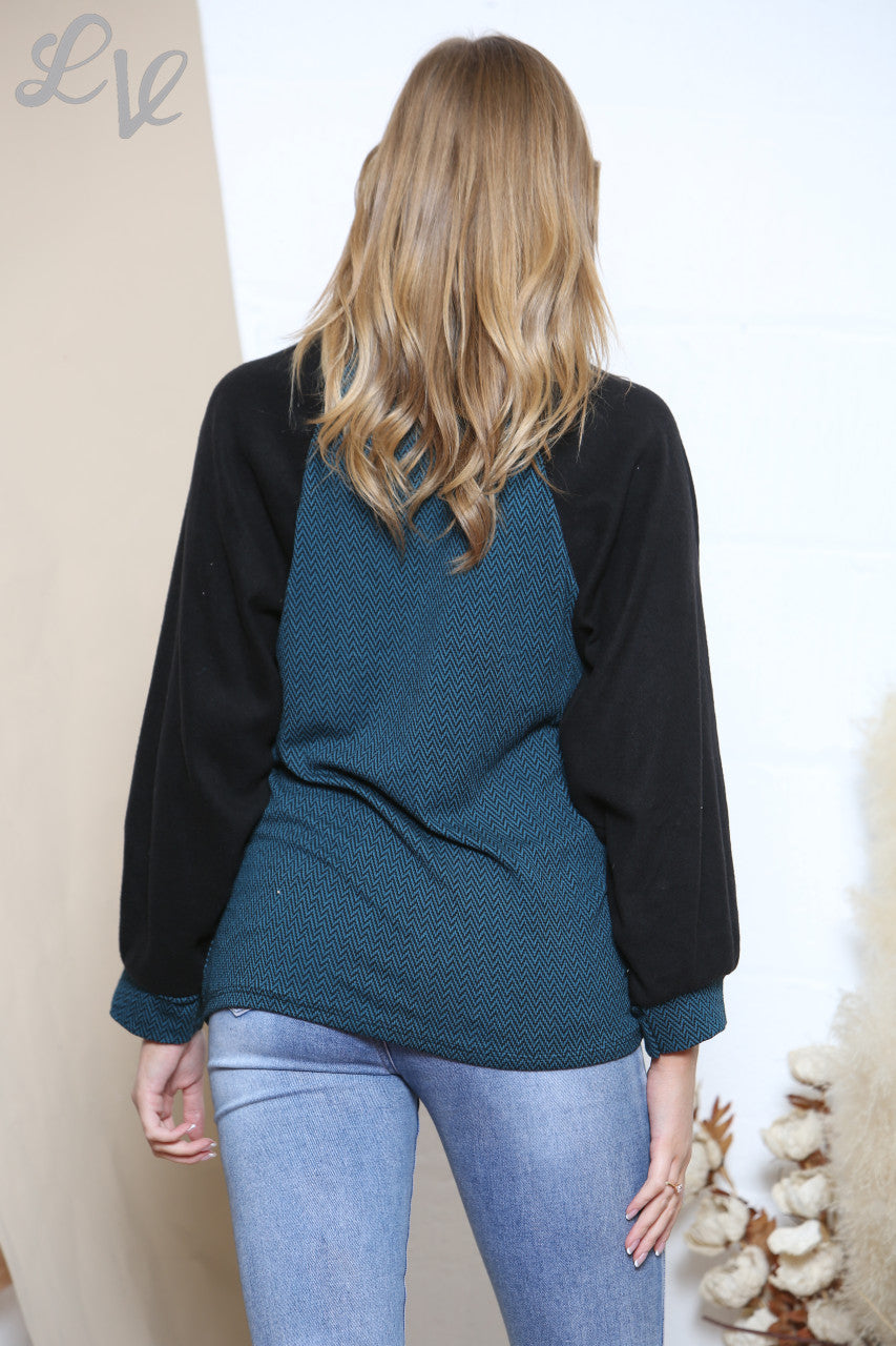 Dames Trui met Colkraag, Visgraatprint en Fleece Mouwen Teal