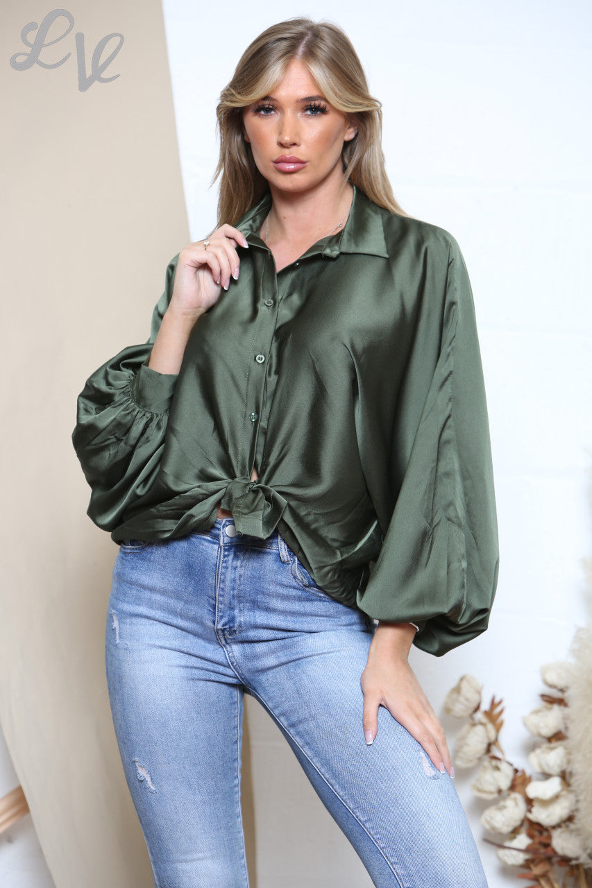 Dames Blouse met Vlermuismouw en Strikdetail Khaki