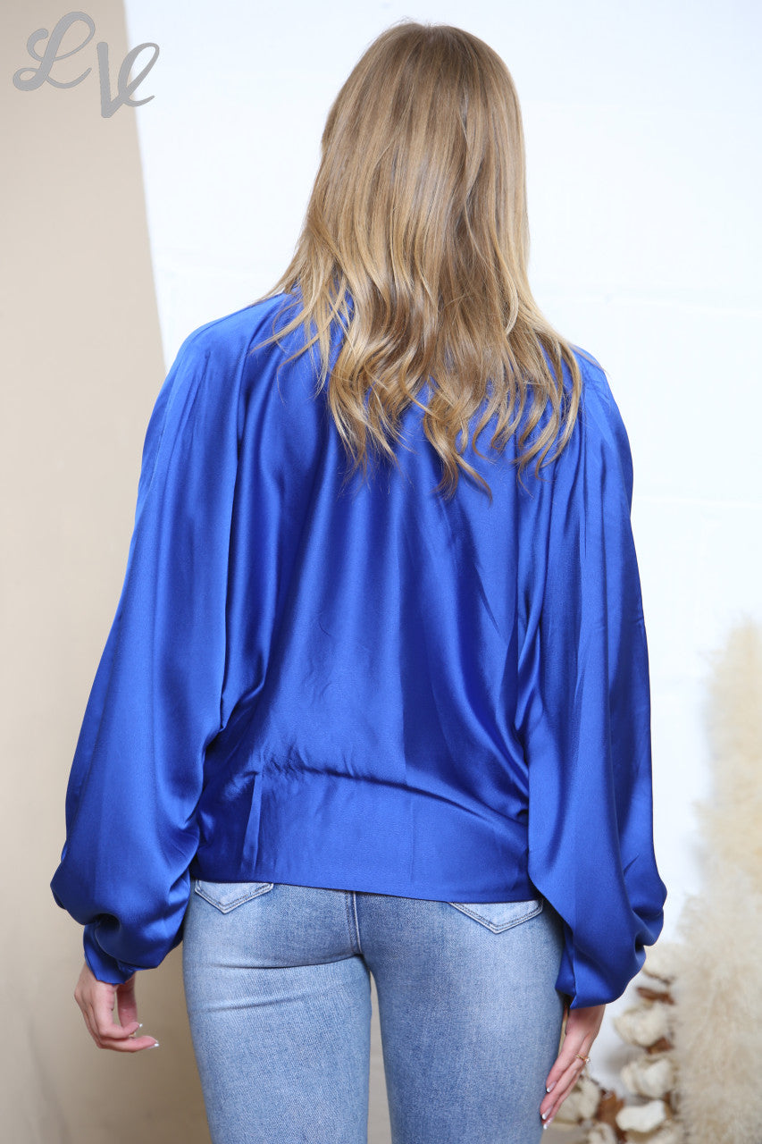 Dames Blouse met Vlermuismouw en Strikdetail Koninklijk Blauw